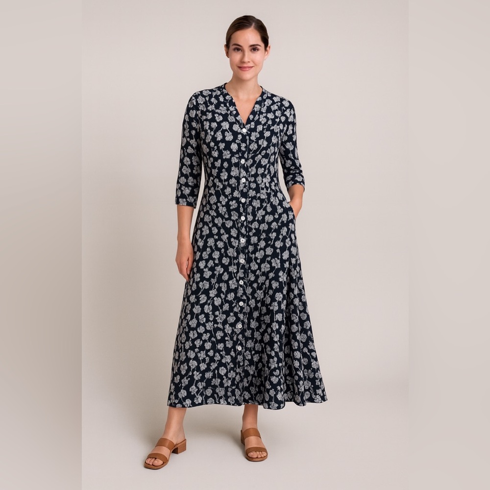 Floral Whimsy Goth Maxi Dress Black Purple Button Front 3/4 Sleeve XL 16/42